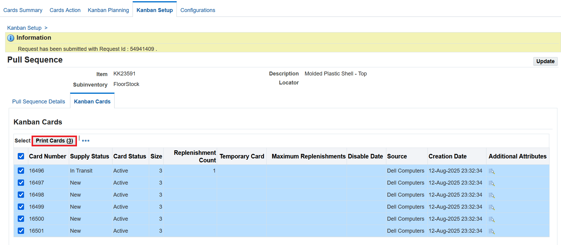 Kanban Setup page > View Pull Sequence > Kanban Cards tab - Click Print Cards button