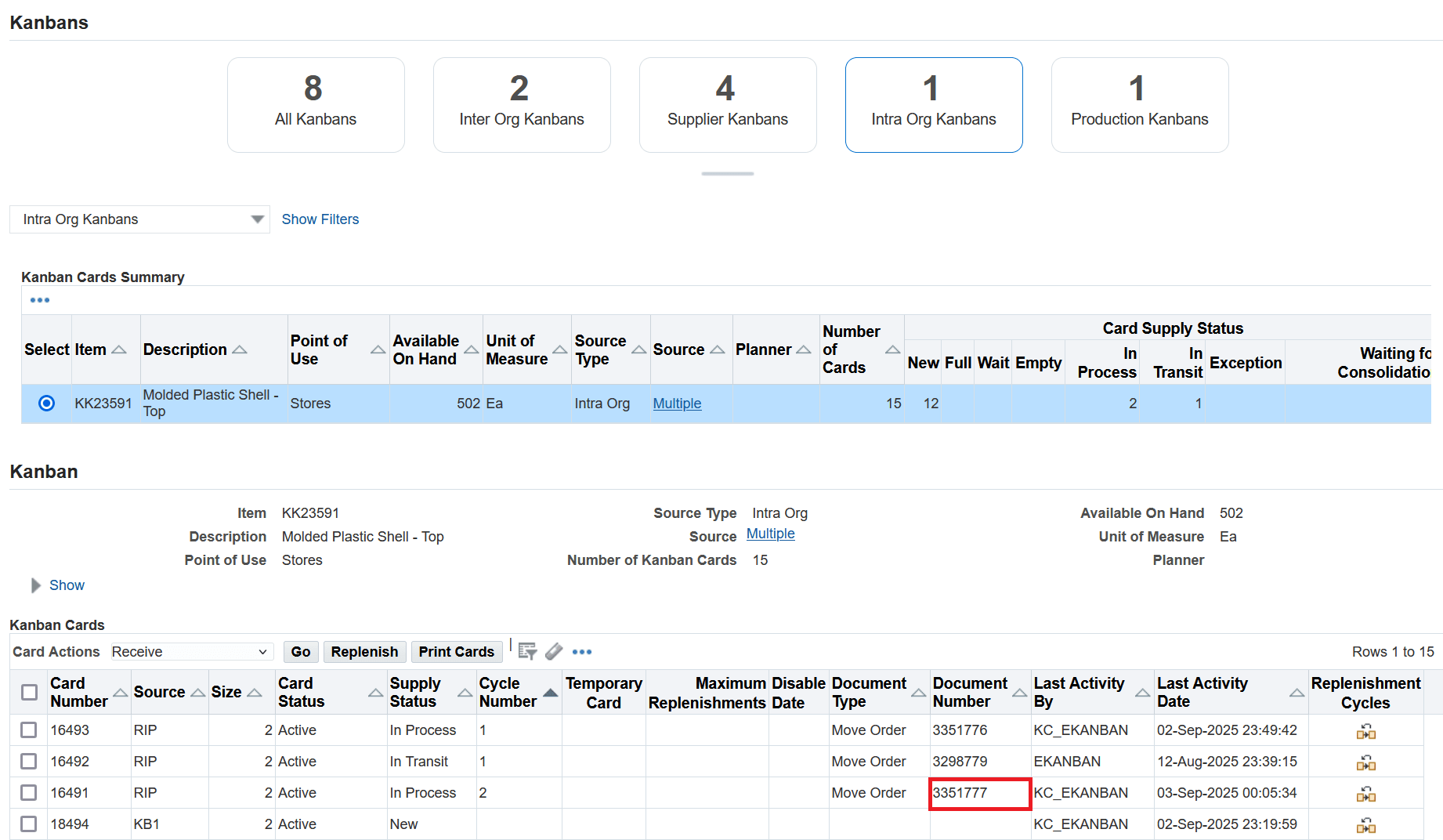 Cards Summary - Replenish Intraorg Kanban