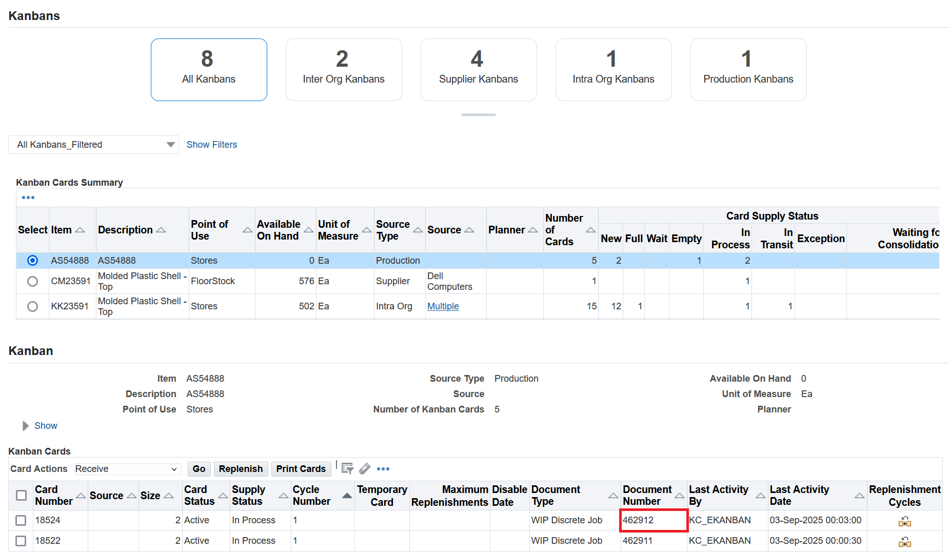 Cards Summary - Replenish Production Kanban