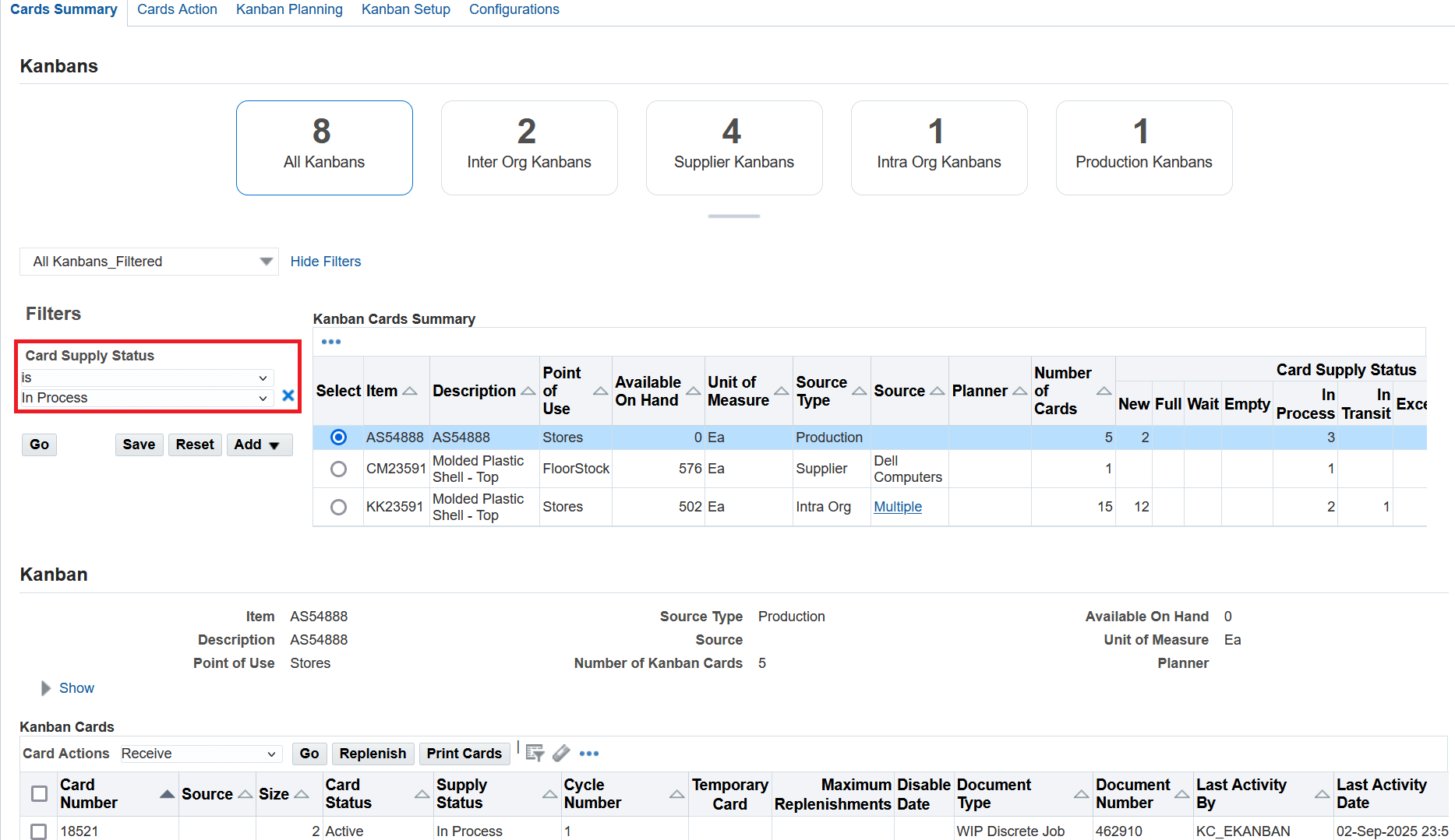 Cards Summary - Search Kanban Cards Summary using Card Supply Status filter