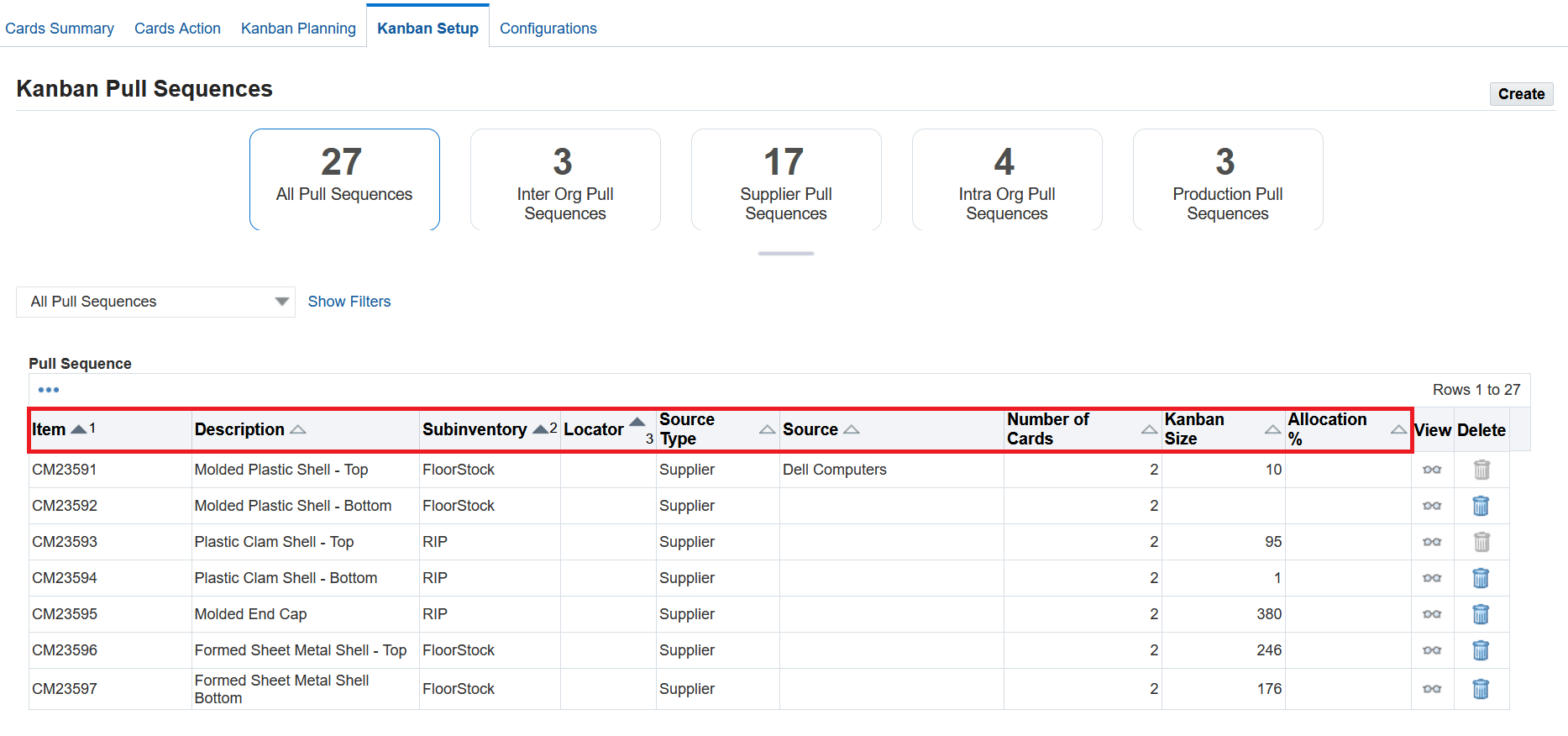 Kanban Setup - Pull Sequence table column sorting