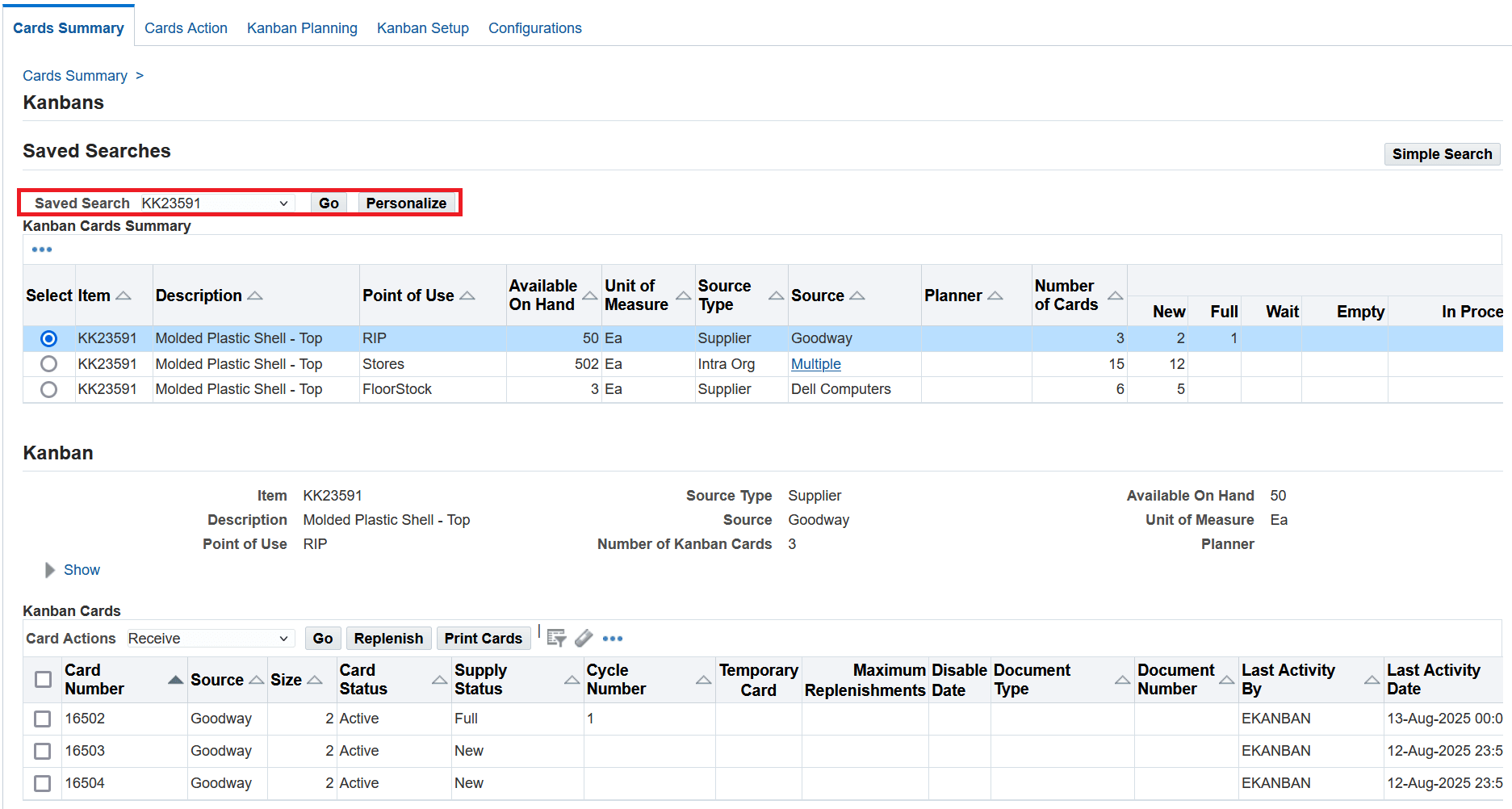 Cards Summary - Saved Search
