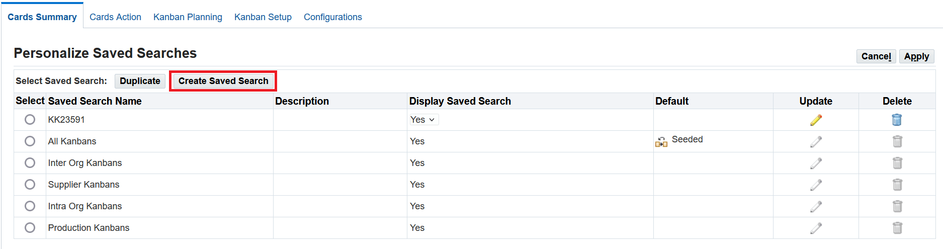 Personalize Saved Searches page - Click on the Create Saved Search button