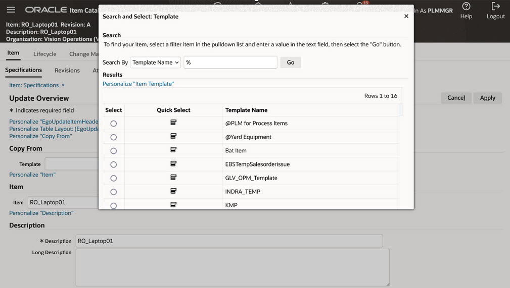 Templates while updating item