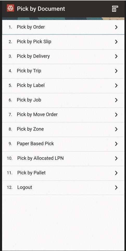 Pick by Document Menu with Pick by Pallet