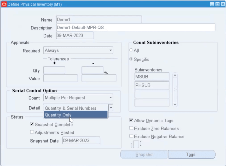 Define Physical Inventory Window