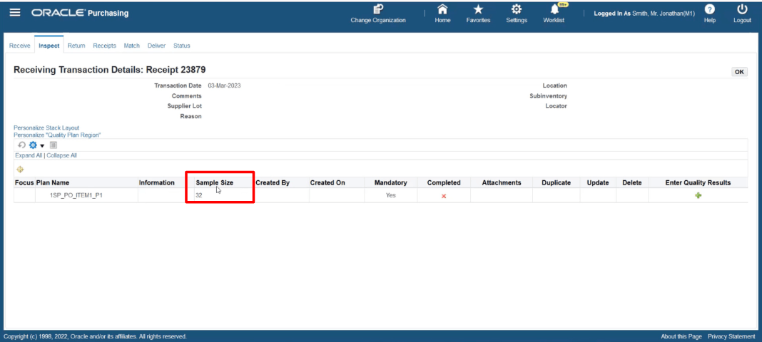 Receiving Transaction Details Page with New Sample Size Column