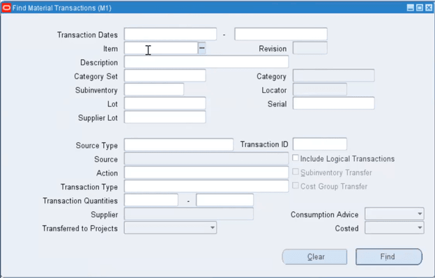 Find Material Transactions Window
