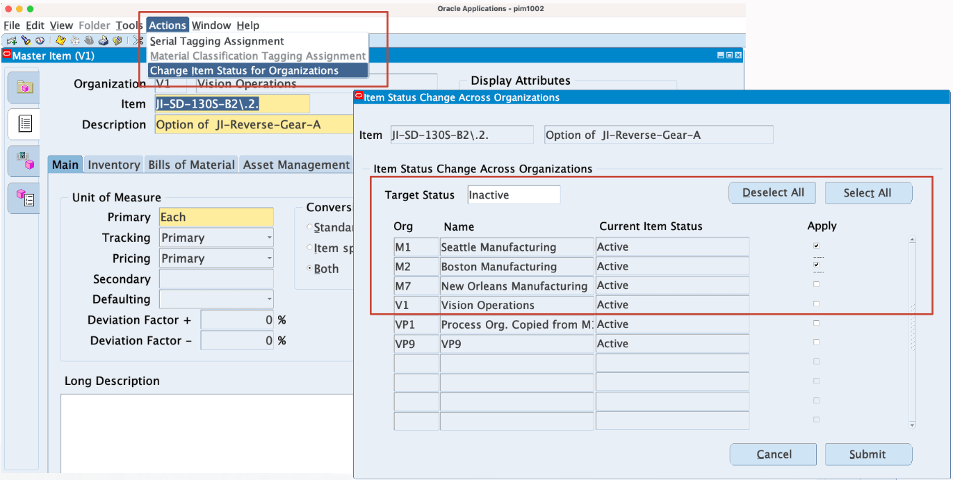 Item Status Change Across Organizations Window