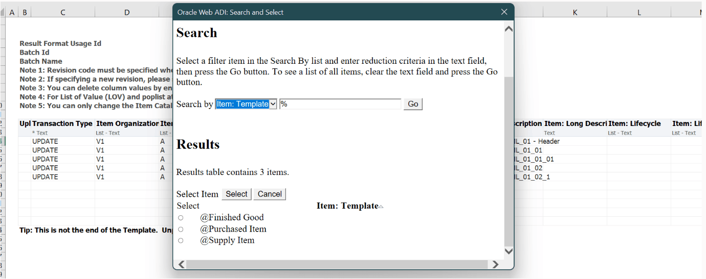 Item Template List in Excel Sheet to Display Templates Associated with Item Catalog Category