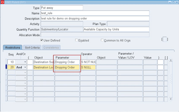 New Dropping Order Parameter in Restrictions tab of WMS Rules Window