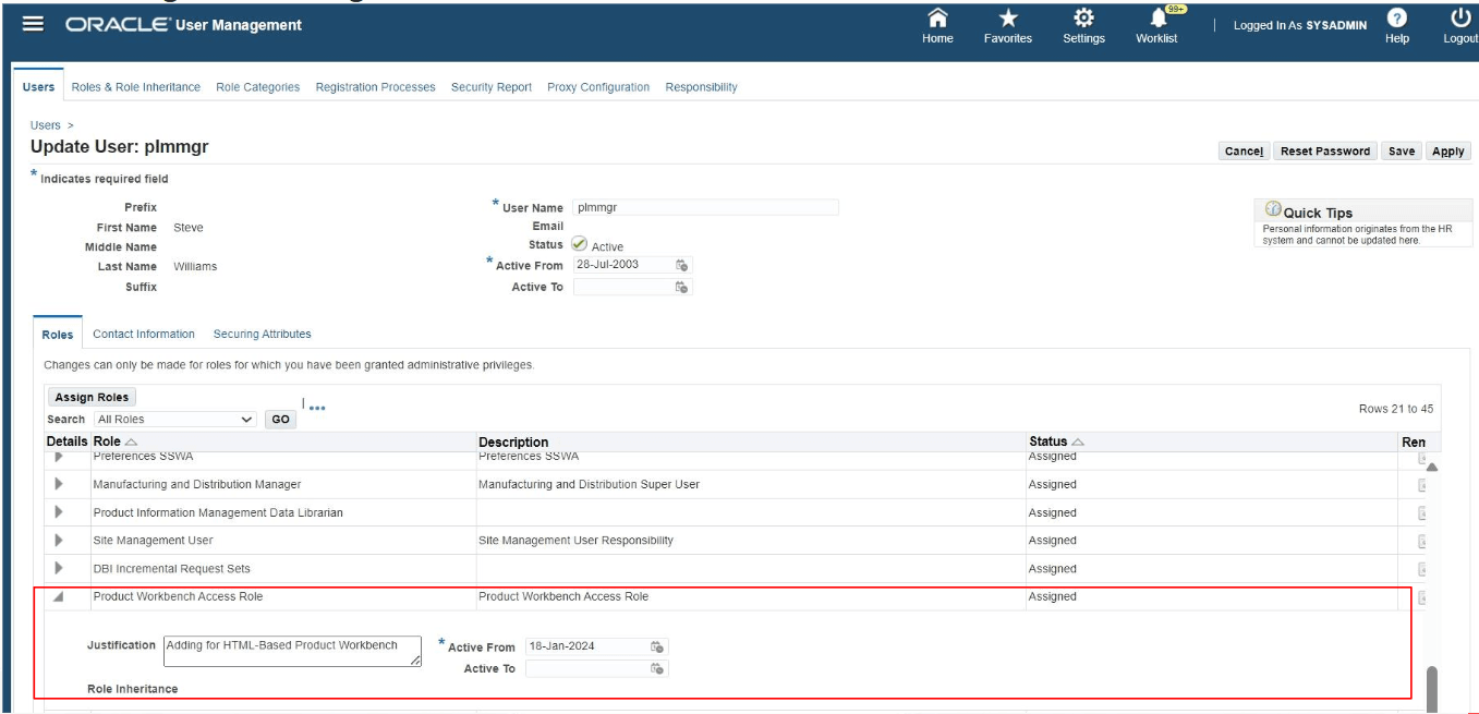 Assign Product Workbench Access Role