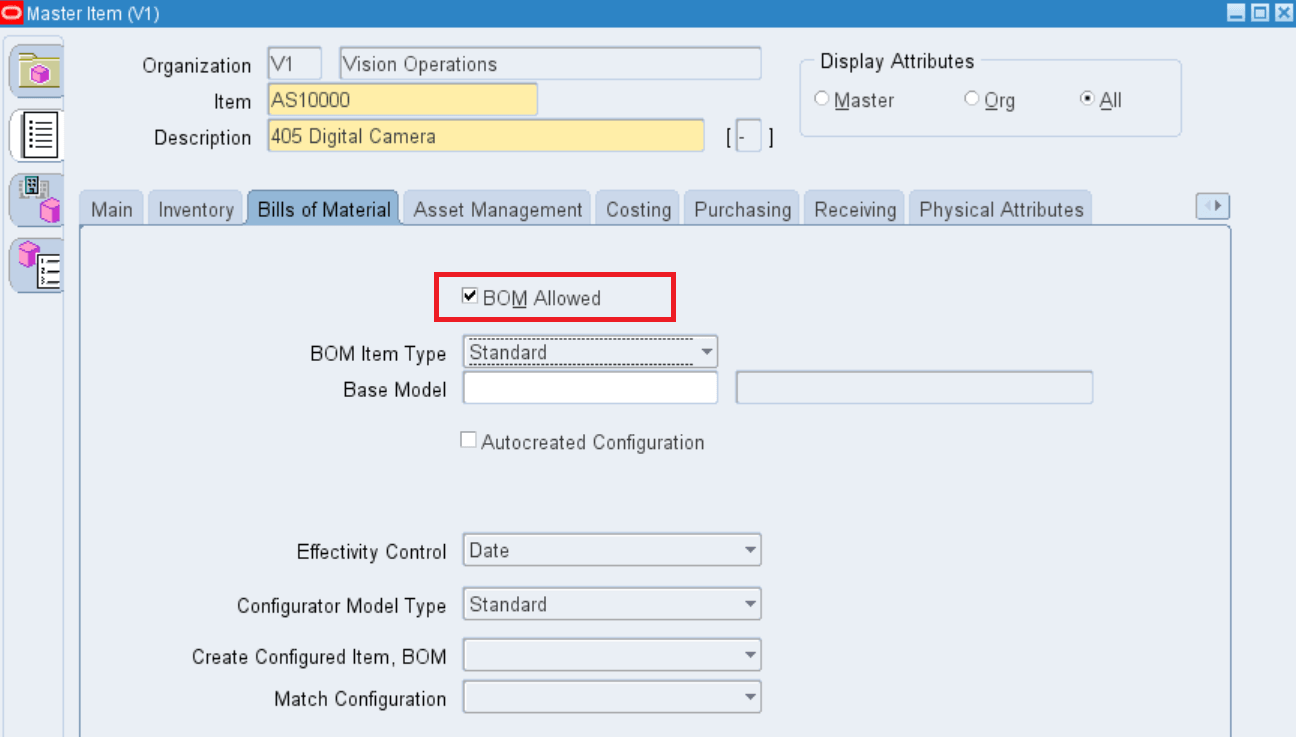Item Master - Enable BOM Allowed attribute