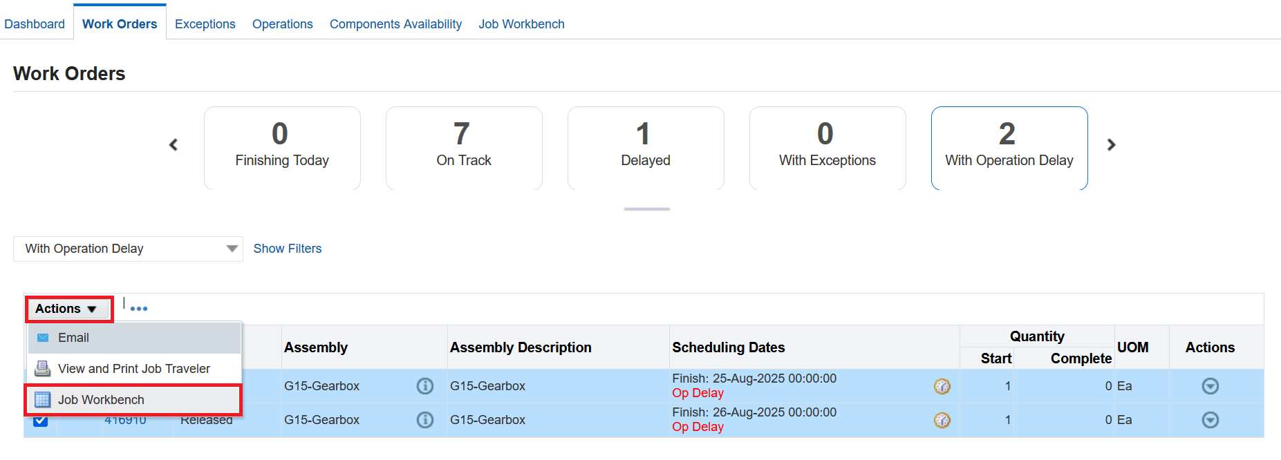 Work Orders - Click on the Job Workbench action