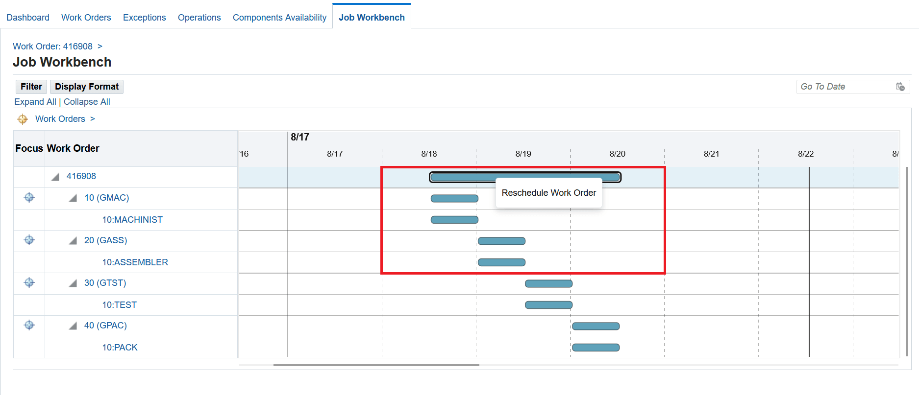 Click on Rescheduling Work Order action on the work order bar