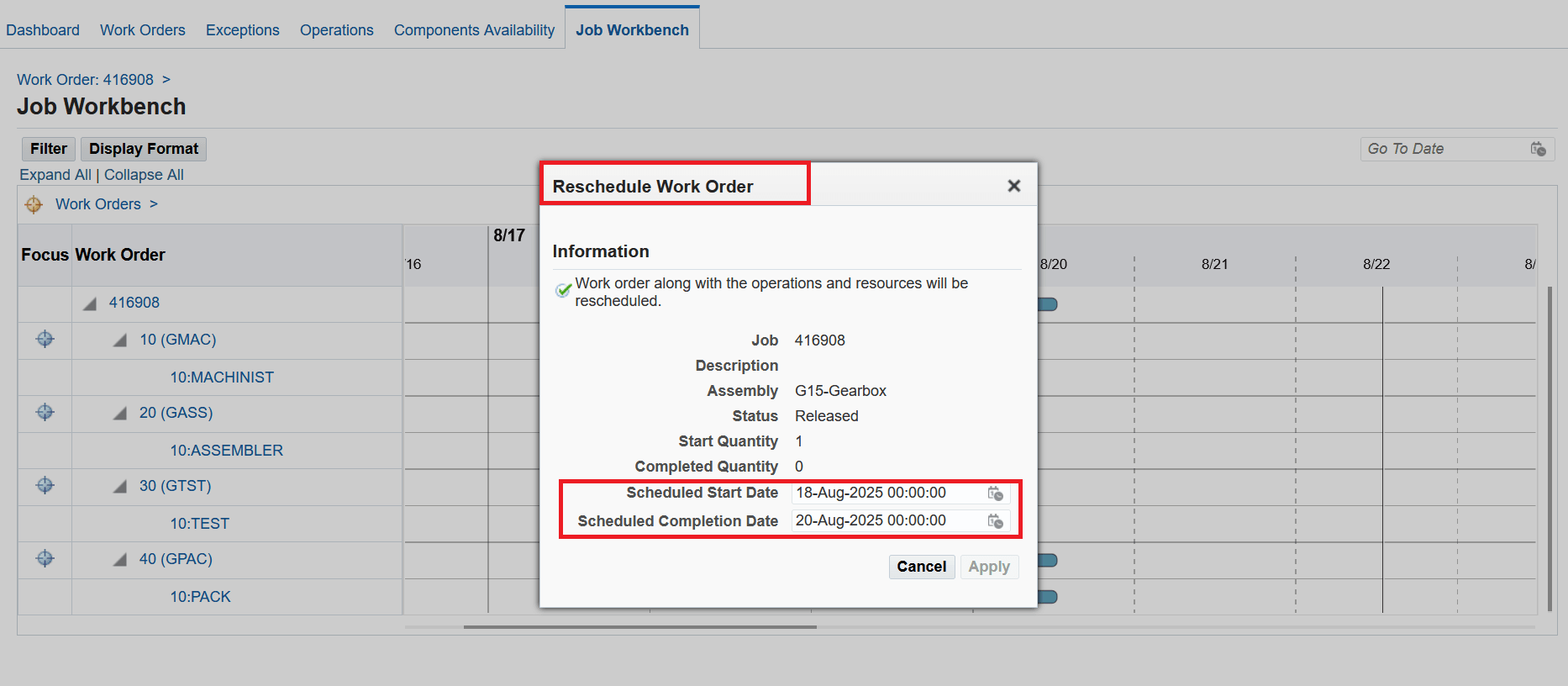Reschedule the work order