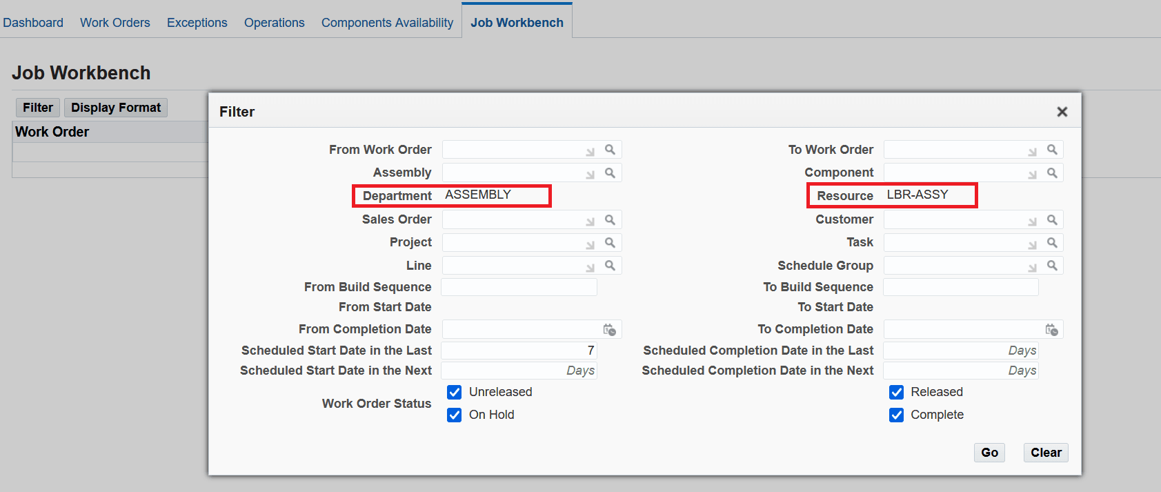Job Workbench - Department and Resource filter applied