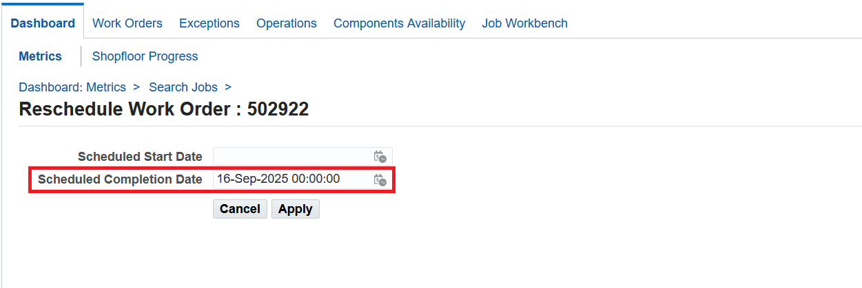 Backward scheduling with work order scheduled completion date set as 16-SEP-2025