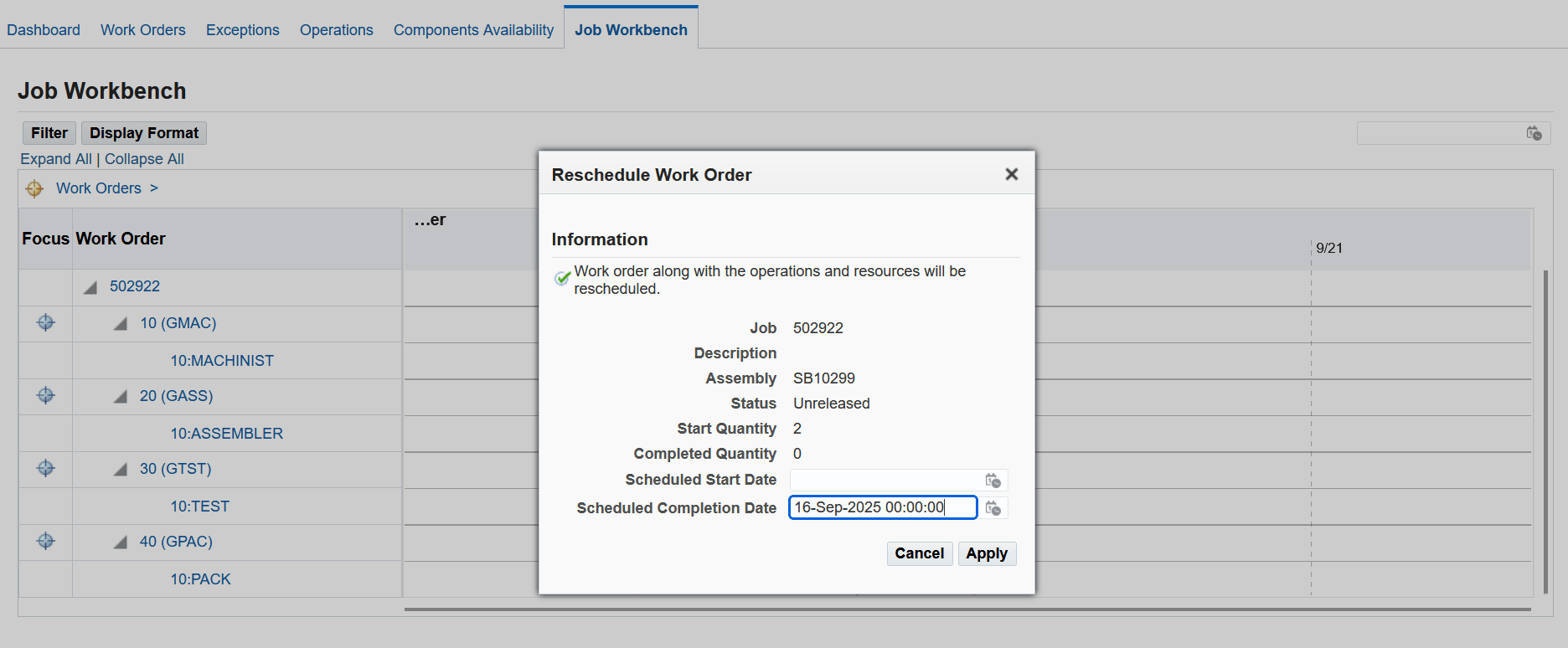 Backward scheduling with work order scheduled completion date set as 16-SEP-2025