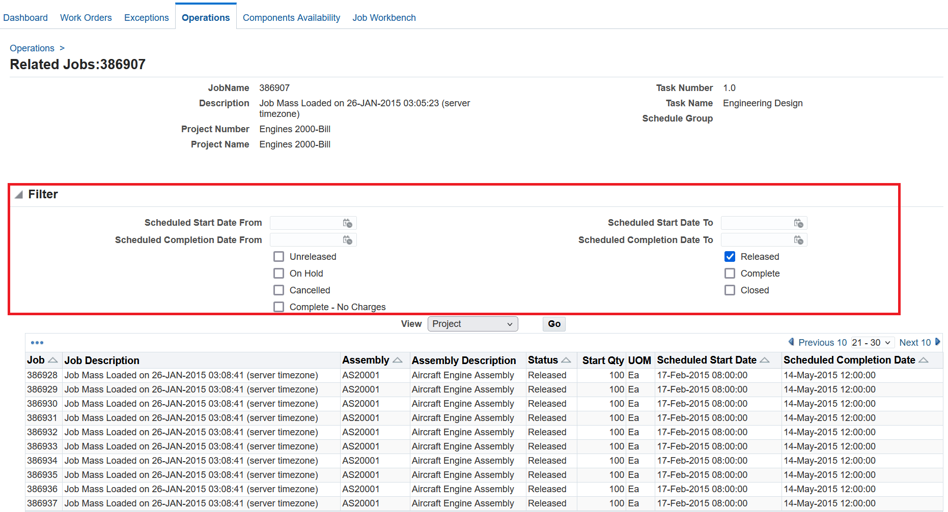Related Jobs page - Search the specific work order using additional filters