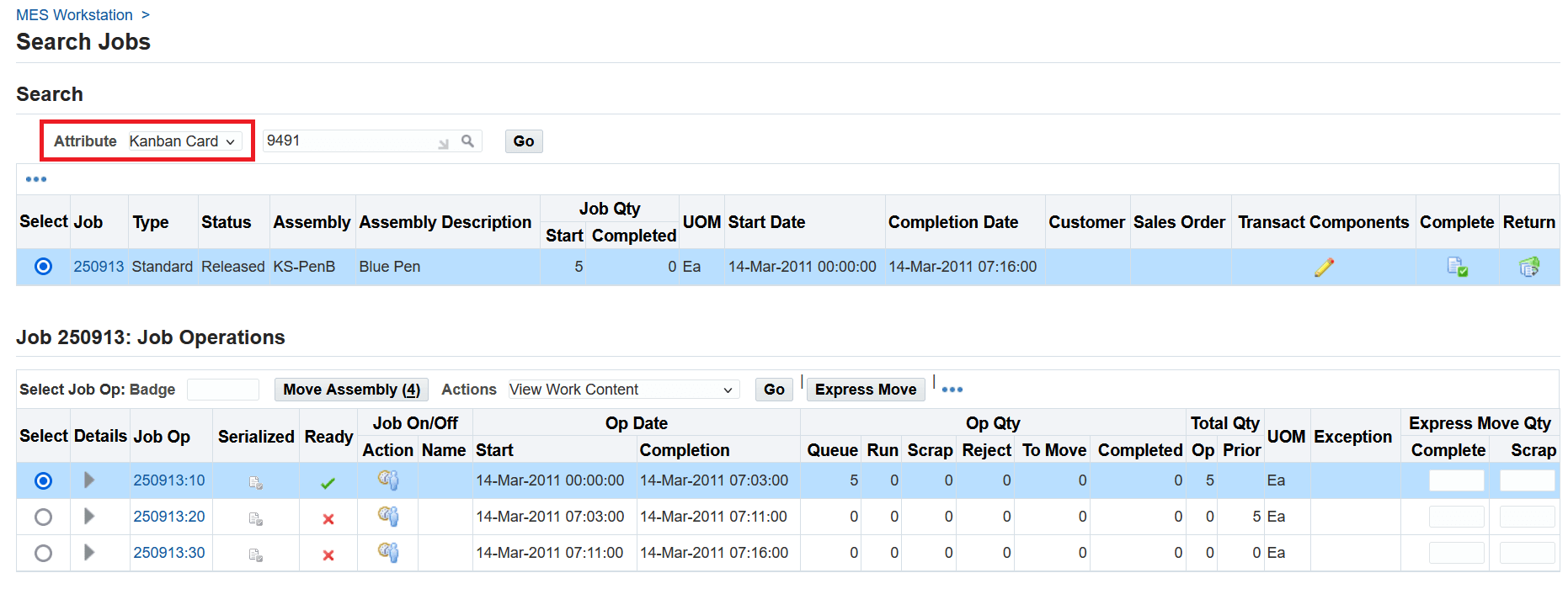 MES Operator Workstation Search Jobs page - Search Work Order by Kanban Card Number
