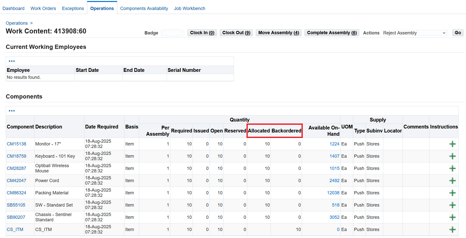 Work Content page - View Allocated and Backordered quantities in Components section