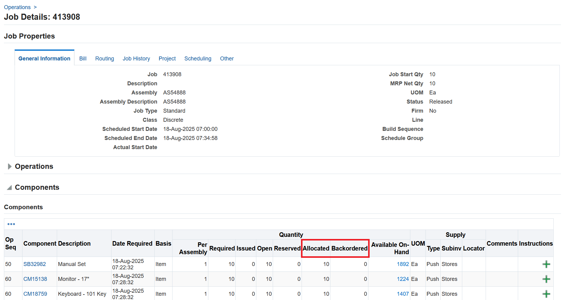 Job Details page - View Allocated and Backordered quantities in Components section