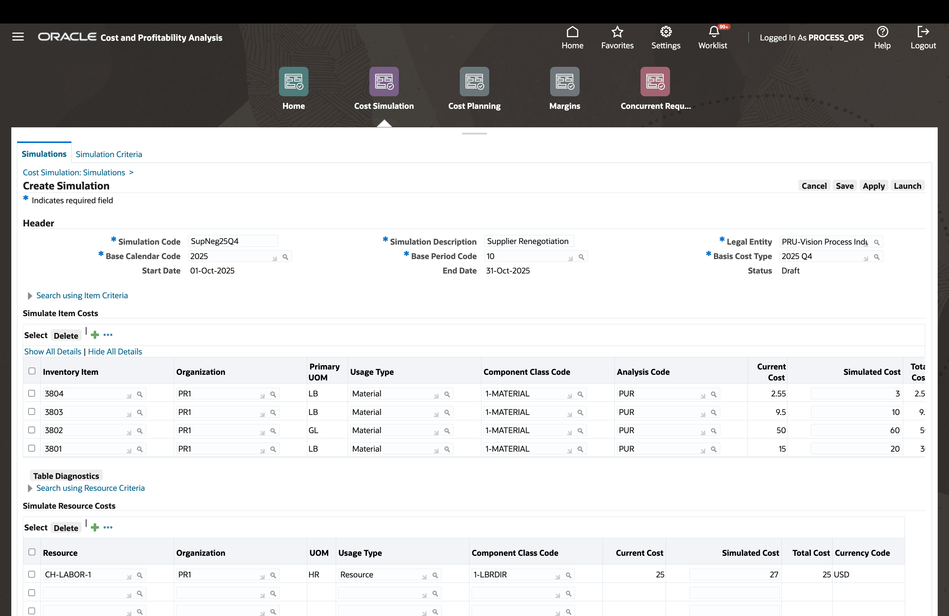 Create a Simulation for Changes in Item, Resource and Overhead Rates