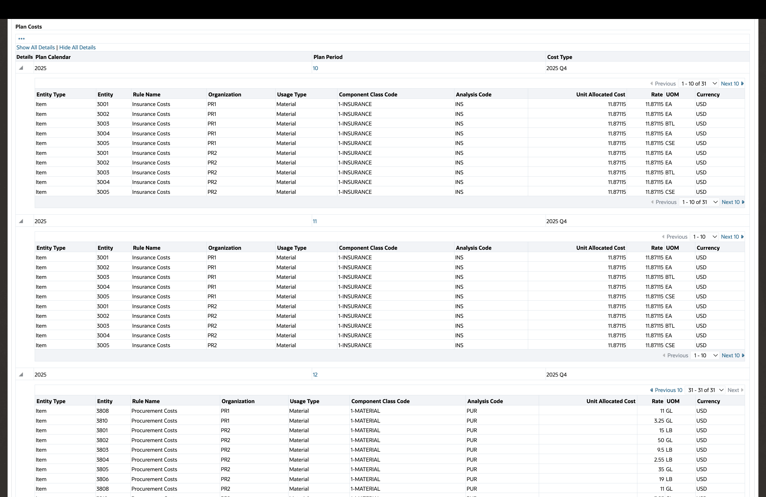 Review Costs calculated for Items and Resources in the Scope