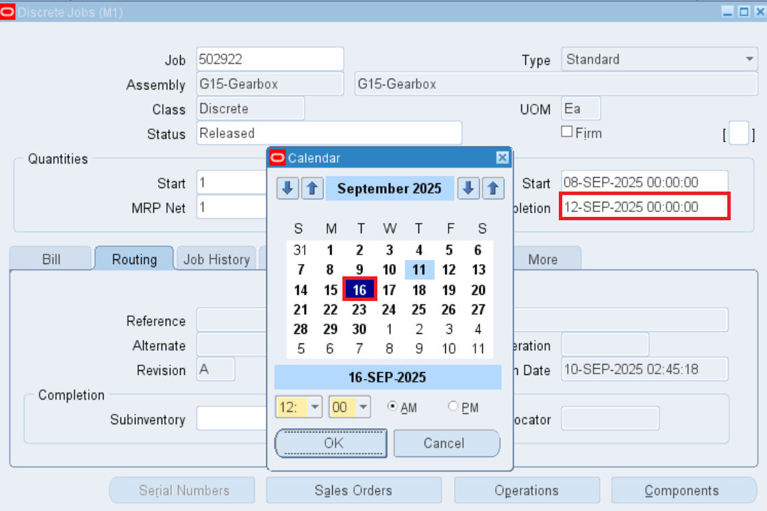 Backward scheduling with job completion date set as 16-SEP-2025