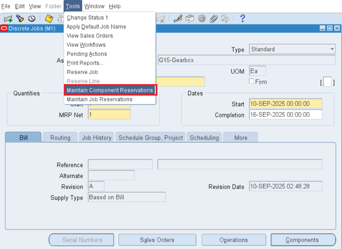 Click on the action link - Maintain Component Reservations