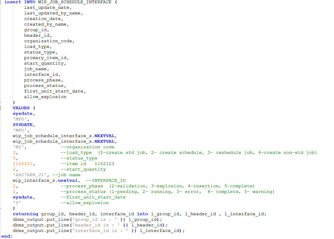 Insert data into WIP_JOB_SCHEDULE_INTERFACE Interface table