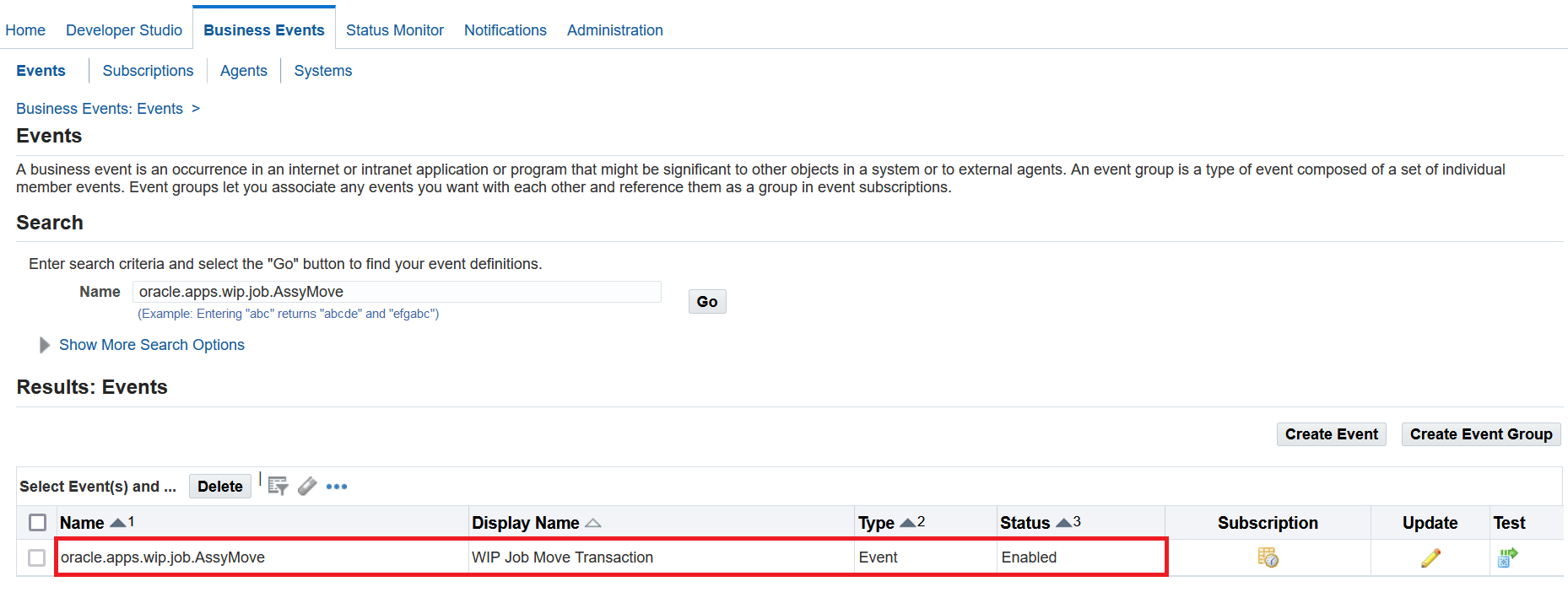 Enable the business event -