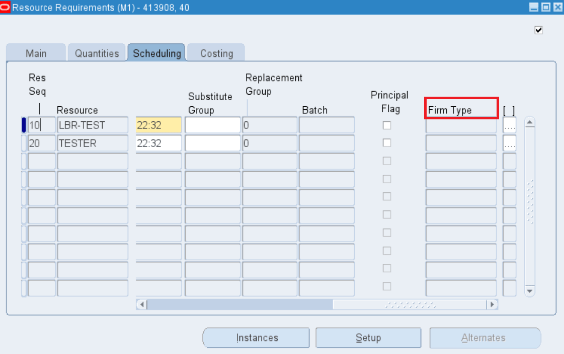 Resource Requirements window - View Firm Type