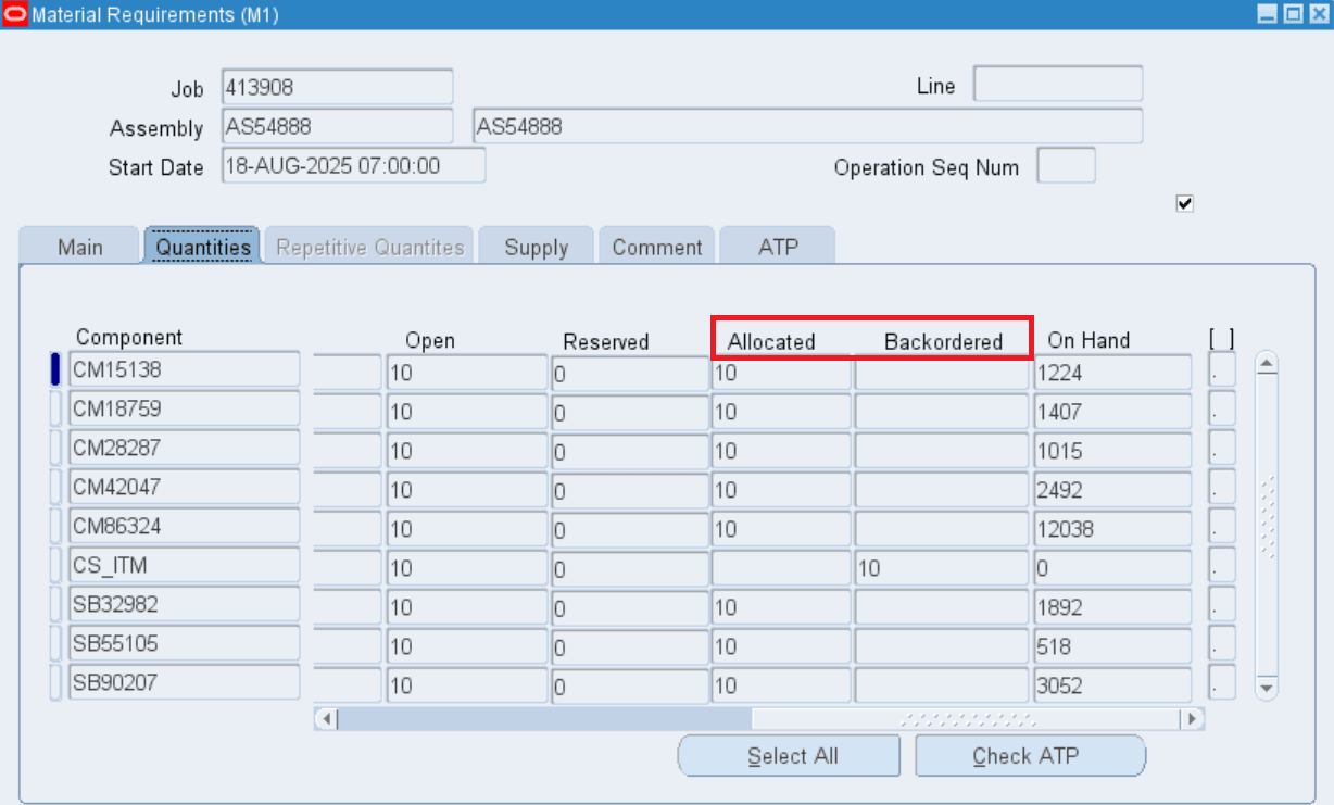 Material Requirements window - View Allocated and Backordered quantities