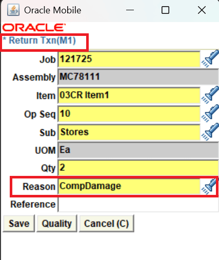 Return Txn - Reason field is personalized as mandatory field
