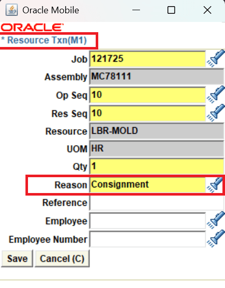 Resource Txn - Reason field is personalized as mandatory field