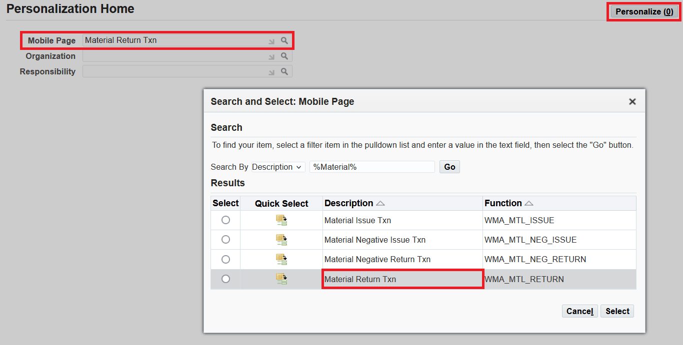 Select the page to personalize
