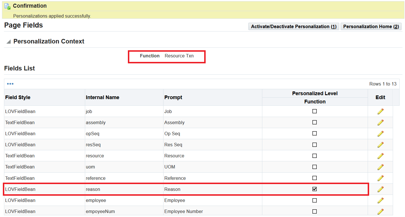 Reason field is personalized at the function level