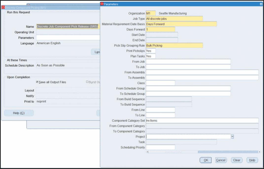 Discrete Job Component Pick Release (SRS) program