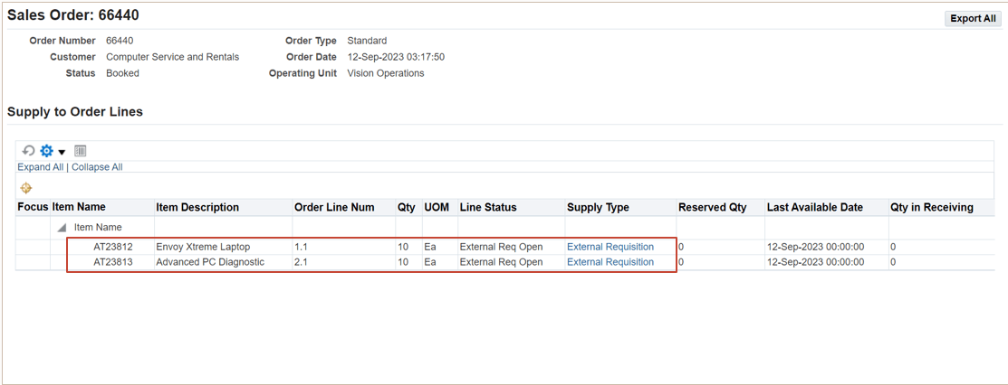 View requisitions grouped by sales order