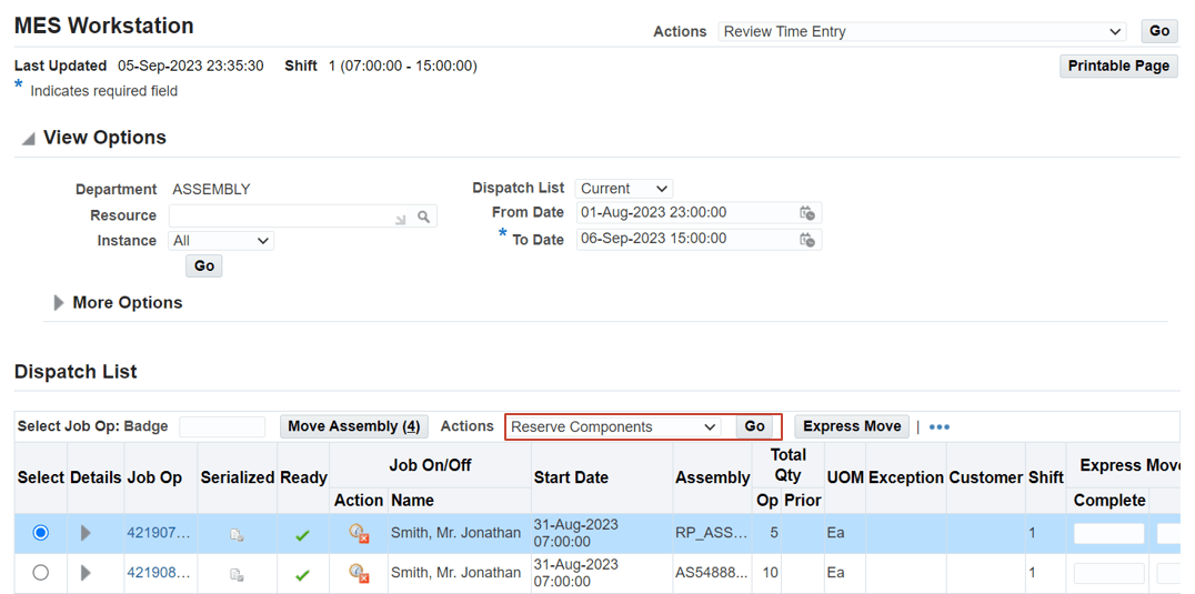 Reserve components on the MES Workstation's Dispatch List