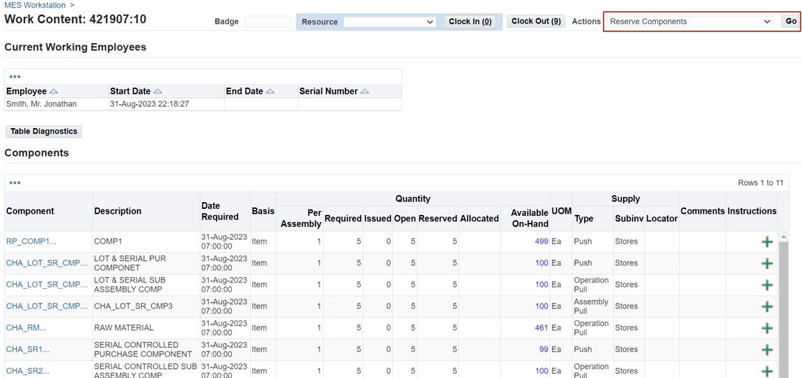 Reserve components on the MES Workstation's Work Content