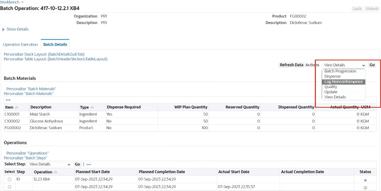 Record a nonconformance for a batch in the Operator Workbench