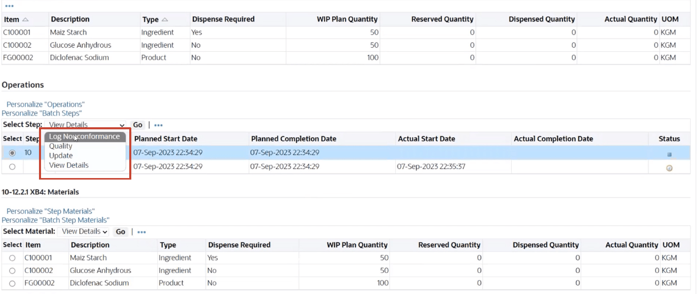 Record a nonconformance for a batch step in the Operator Workbench