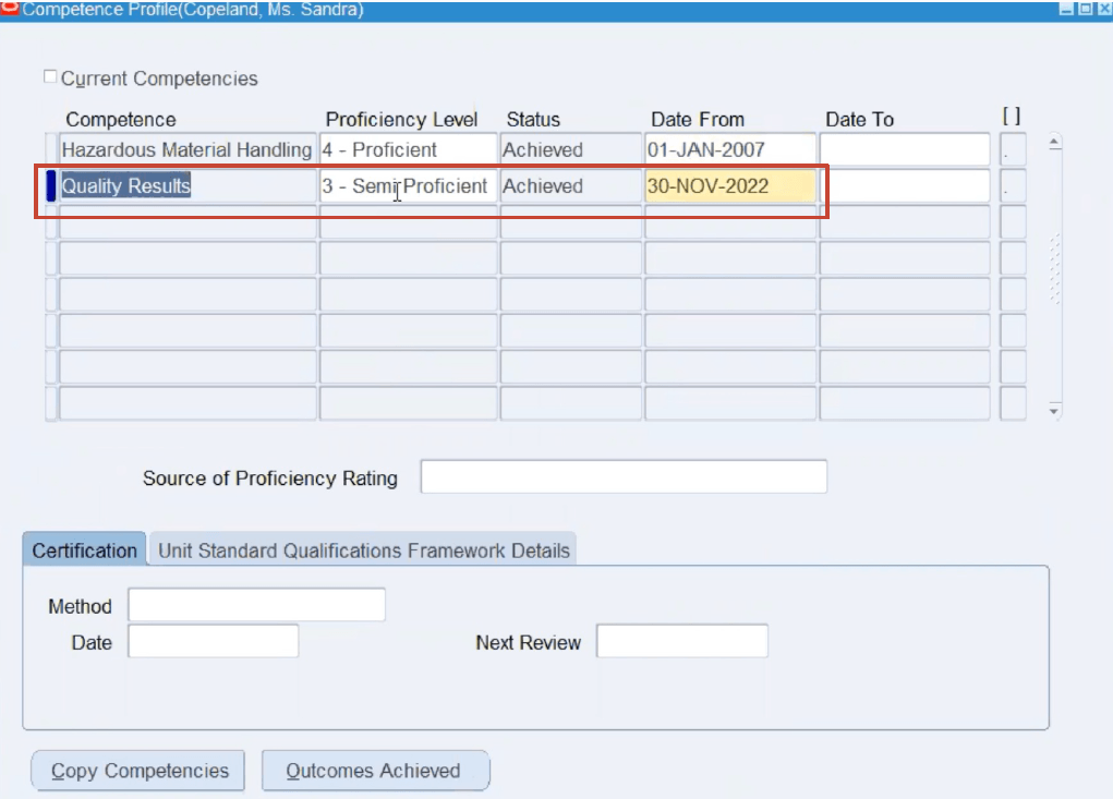 HRMS Competence Profile Window