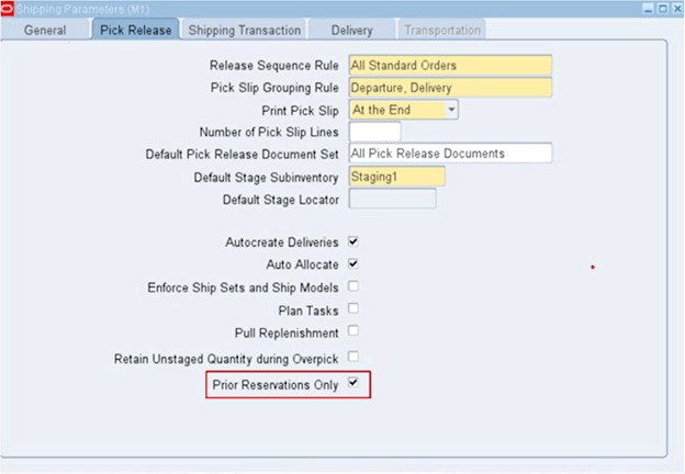 Shipping Parameters Window, Pick Release Tab
