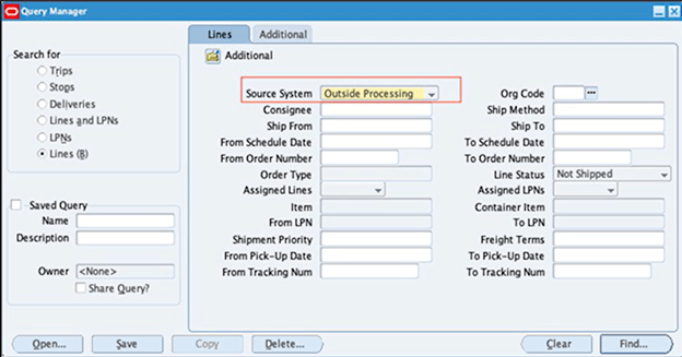 Shipping Transactions Window with Outside Processing as New Value for Source System LOV
