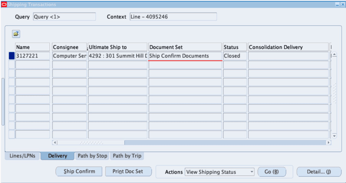 Shipping Transactions Window