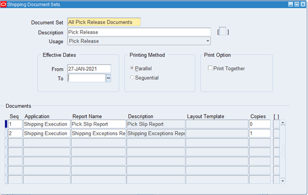 Shipping Document Sets Window